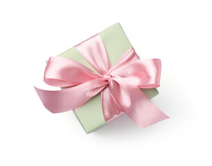 Beautiful gift box with pink bow isolated on white, top view