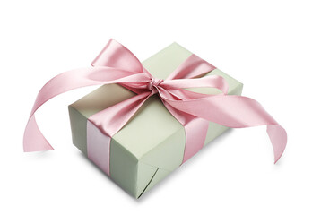 Obraz premium Beautiful gift box with pink bow isolated on white