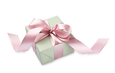 Beautiful gift box with pink bow isolated on white
