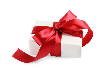 Beautiful gift box with red bow isolated on white