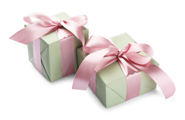 Beautiful gift boxes with pink bows isolated on white