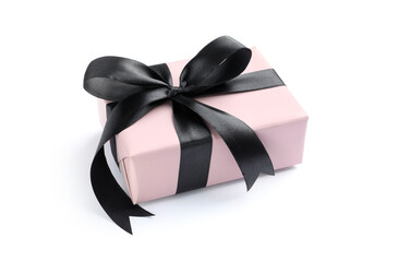 Beautiful gift box with black bow isolated on white