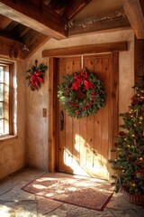 Christmas wreath on the door. Selective focus