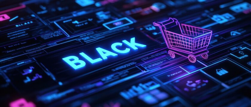 Neon shopping cart with digital background featuring the word 'black'