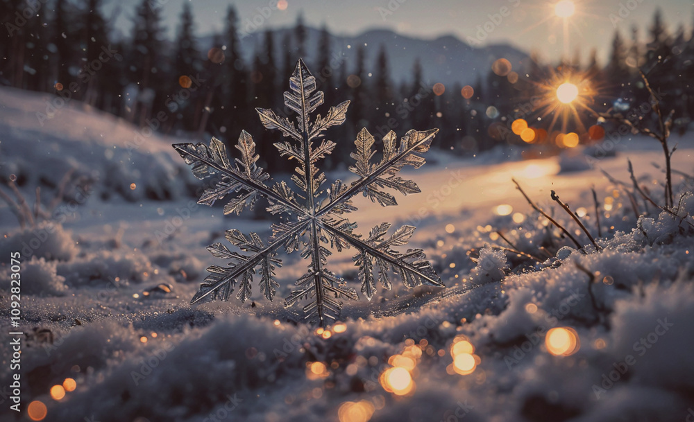 Poster snowflake is on the ground in the snow. the snow is white and fluffy
