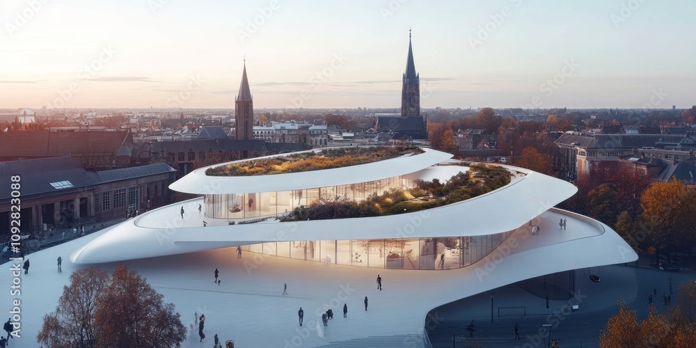 Poster modern architectural design featuring a futuristic building with green spaces.