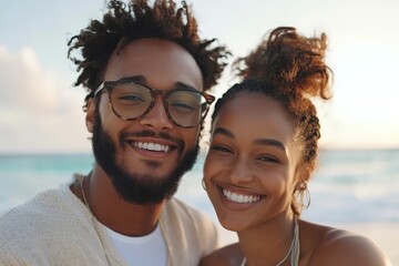Obraz premium A beaming couple stands close together near the ocean, enjoying sunset views. Their joyful expressions and matching jewelry exemplify harmony and shared happiness.