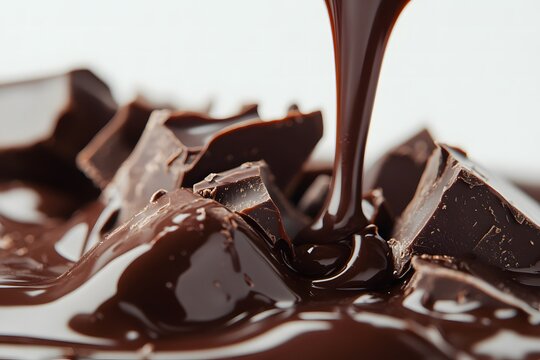 Close-up of bittersweet chocolate dripping, high contrast, smooth glossy texture, against simple white background for dramatic effect