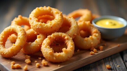 calamari rings. Deep-fried salted onion rings with mayonnaise-mustard sauce. Snacks with beer. Breading onion rings.