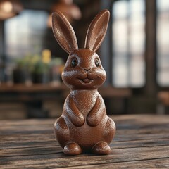 Delicious chocolate Easter bunny surrounded by colorful candies on rustic background