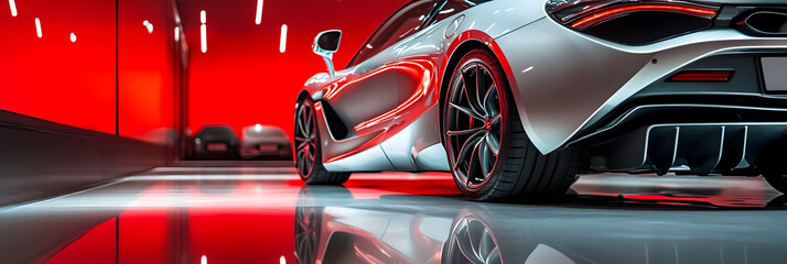 Modern Luxury Car Showroom Featuring Sleek Sports Cars red background