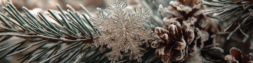 Fototapeta premium Snowflake on a Christmas tree branch. Selective focus.
