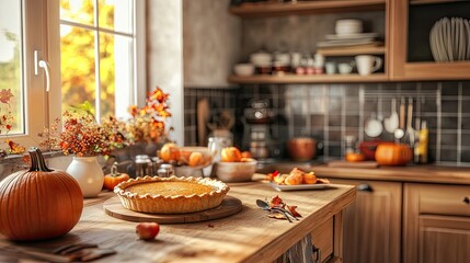 Rustic kitchen with a pumpkin pie and baking ingredients on a wooden table, illuminated by warm light. Generative AI