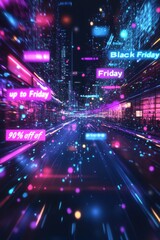 Fototapeta premium Futuristic city lights with black friday sales signs