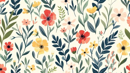 A seamless pattern with pink, orange, and yellow flowers and leaves on a white background.