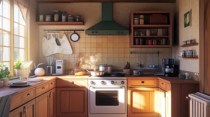 Cozy kitchen with a pot steaming on the stove, wooden utensils, and warm lighting creating a peaceful ambiance. Generative AI