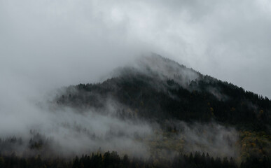 Unsettling misty mountain in autumn