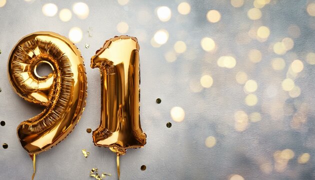  Number 91 golden balloons with copy space 