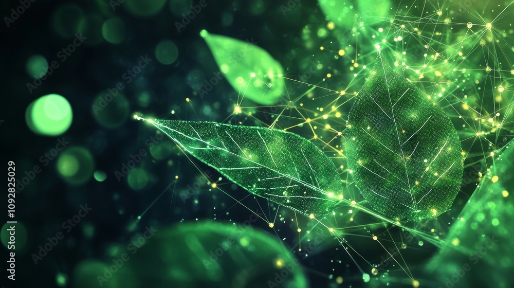 Poster digital fusion: interconnected nodes and leaf pattern converging for sustainable business growth
