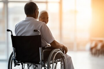 An elderly couple shares a moment near a bright window, one in a wheelchair, expressing warmth, companionship, and care in a nurturing environment.