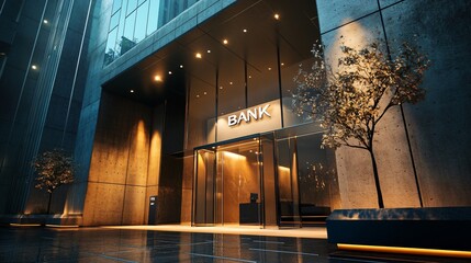 Modern bank building entrance with glass and concrete design at night. Generative AI