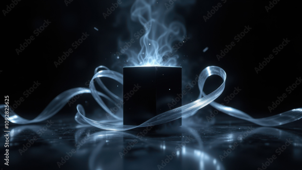 Poster a futuristic ai-themed cube emitting light effects on a reflective surface with abstract energy tend