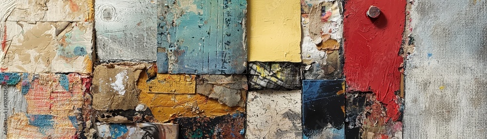 Poster colorful, textured abstract background with overlapping painted panels in various shades and finishe