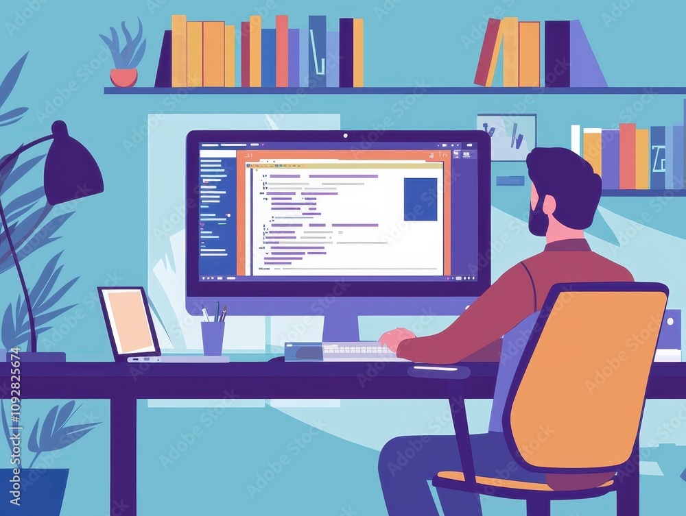 Poster a person working at a desk on a computer with a colorful display, surrounded by books and plants in 