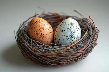 Obraz premium Chicken eggs in wicker basket, nine colored eggs, green, brown and white.