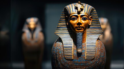 Ancient Egyptian funeral mask, intricately designed with vibrant colors