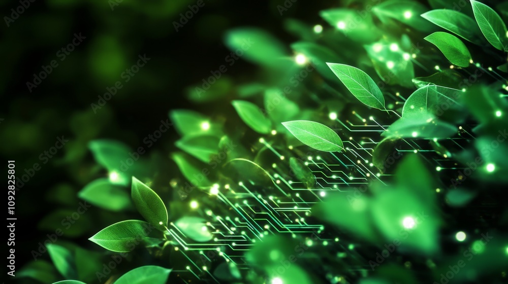 Poster futuristic technology integration with nature - glowing circuit pattern merging with abstract green 