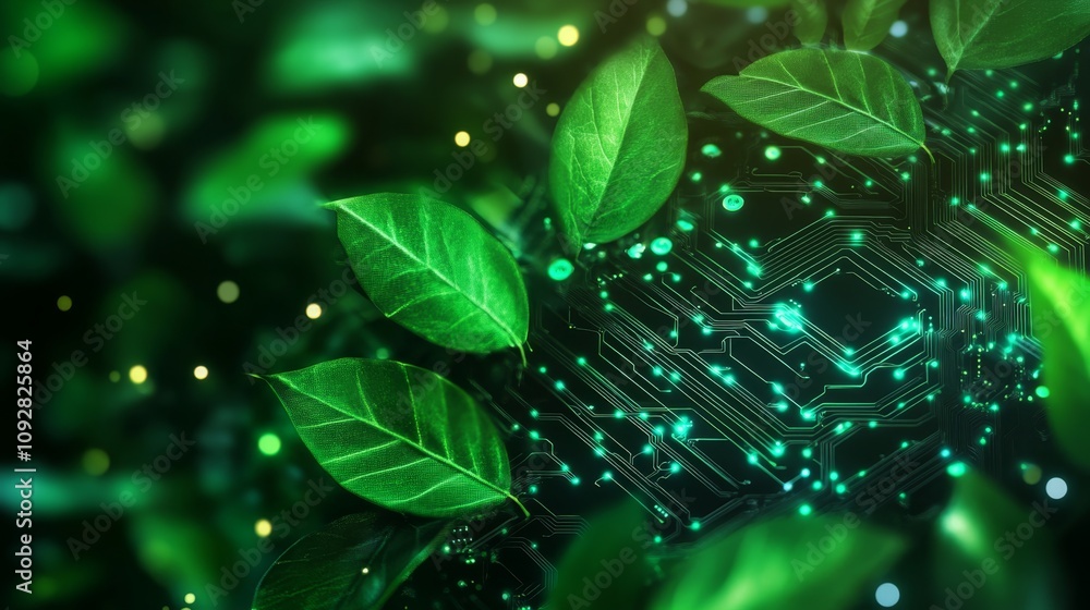 Poster illuminated fusion: circuit pattern blending with green foliage for sustainable technology integrati