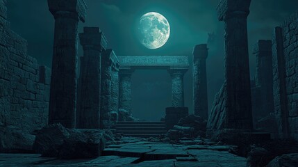 Obraz premium Massive ancient temple ruins bathed in green moonlight surrounded by fog in a desolate and eerie setting. Generative AI