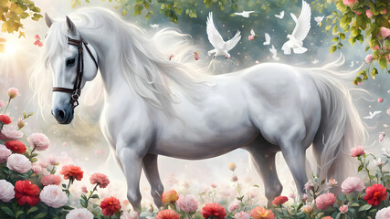 A white horse is standing in a park full of flowers and a beautiful dove is sitting on top of it