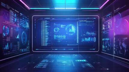 AI hologram interface displaying data, high-tech room, cutting-edge technology