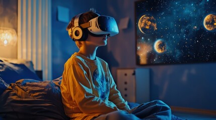 A child wearing a VR headset sits on a bed, immersed in a virtual space environment with planets and stars displayed on a screen.