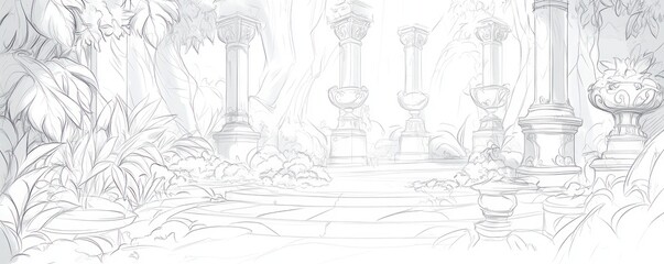 A serene, sketch-like garden scene featuring columns and lush foliage.