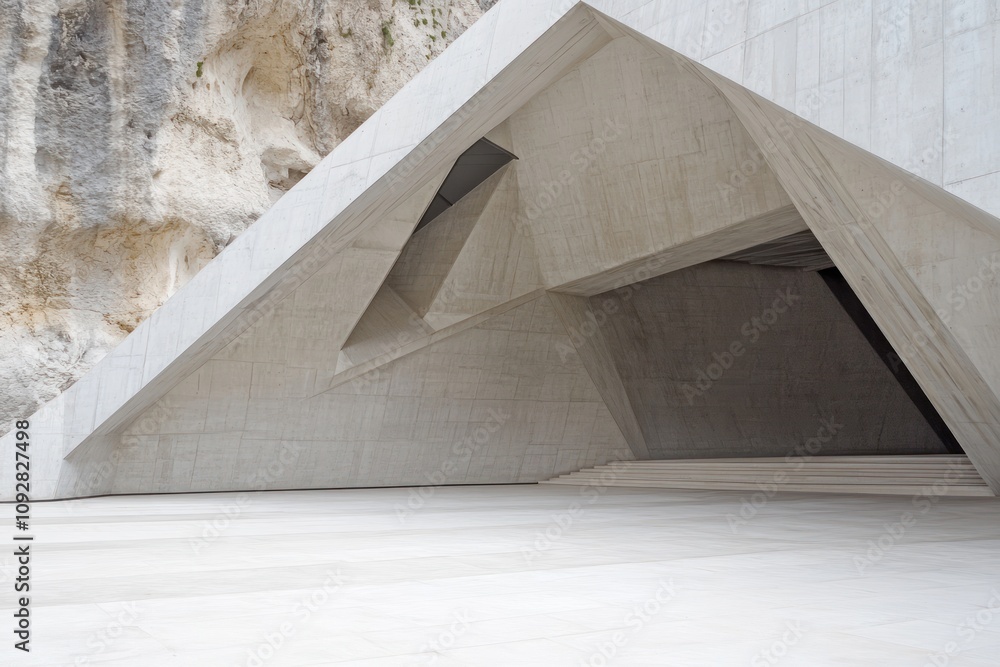 Poster a modern architectural structure with angular concrete forms and an open space.