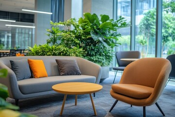 Fototapeta premium Modern lounge area with stylish furniture and indoor plants in an urban setting