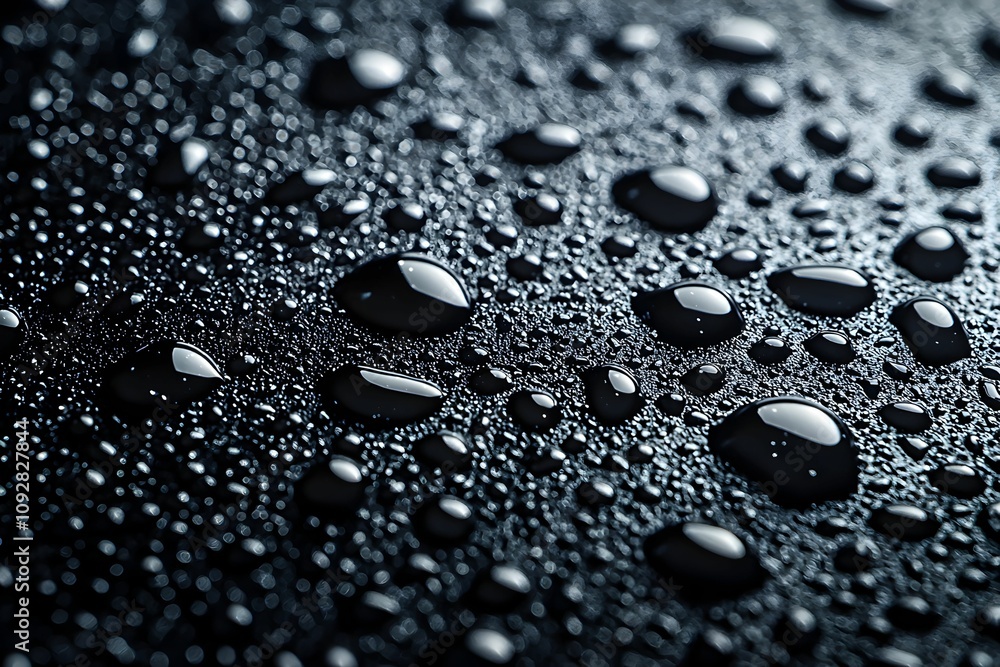 Poster raindrops create a shimmering effect on a dark surface