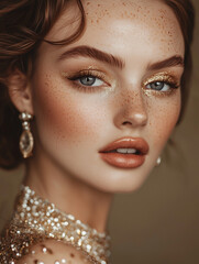 A close-up portrait of a young woman with natural makeup, highlighting her smooth, freckled skin, striking blue eyes, and soft, glossy lips. The image showcases a flawless skin texture with a natural 