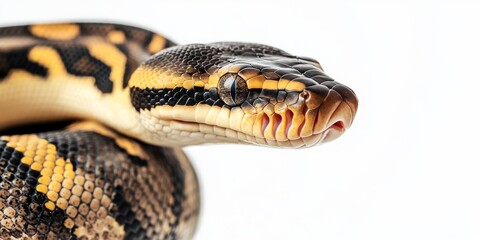 Fototapeta premium Ball python showcased against a white background, highlighting the unique features of the ball python in a clean and striking manner, perfect for educational and illustrative use of ball pythons.