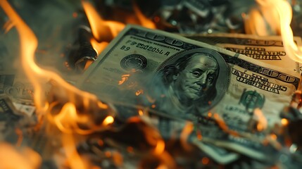 A close-up of burning money, symbolizing loss or waste.