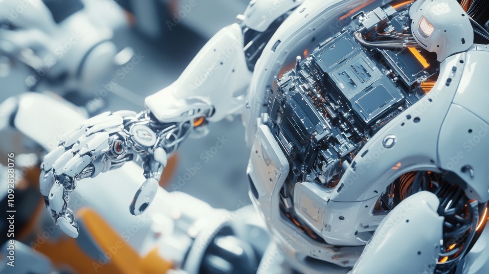 Poster close-up of robotic arm assembling electronics, precision and automation, advanced manufacturing