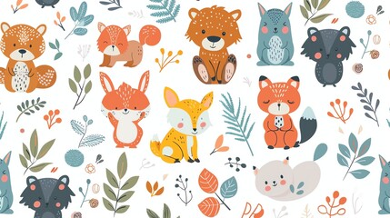 Obraz premium A seamless pattern featuring cute woodland animals like foxes, squirrels, a raccoon, and a bear with leaves and flowers on a white background.