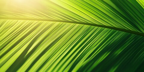 Fototapeta premium Vibrant green nature showcasing a coconut leaf in sunlight, perfect for natural greenery backgrounds or wallpaper concepts. The coconut leaf adds a touch of beauty to any scenery.