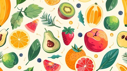 A seamless pattern of various fruits and leaves on a cream colored background.