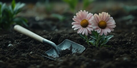Margaret flower resting beside a shovel on fertile soil, showcasing the beauty of Margaret flowers in a serene gardening scene, highlighting the connection between nature and gardening activities.