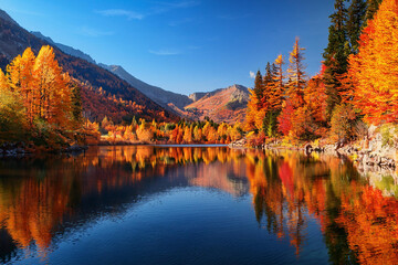 Obraz premium A serene lake reflects colorful autumn trees and mountains, with bright red, orange, and yellow foliage creating a picturesque scene, ai.