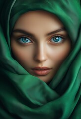 Fototapeta premium Portrait of an extremely beautiful young woman wearing a green hijab, with amazing big blue eyes. This award-winning photography